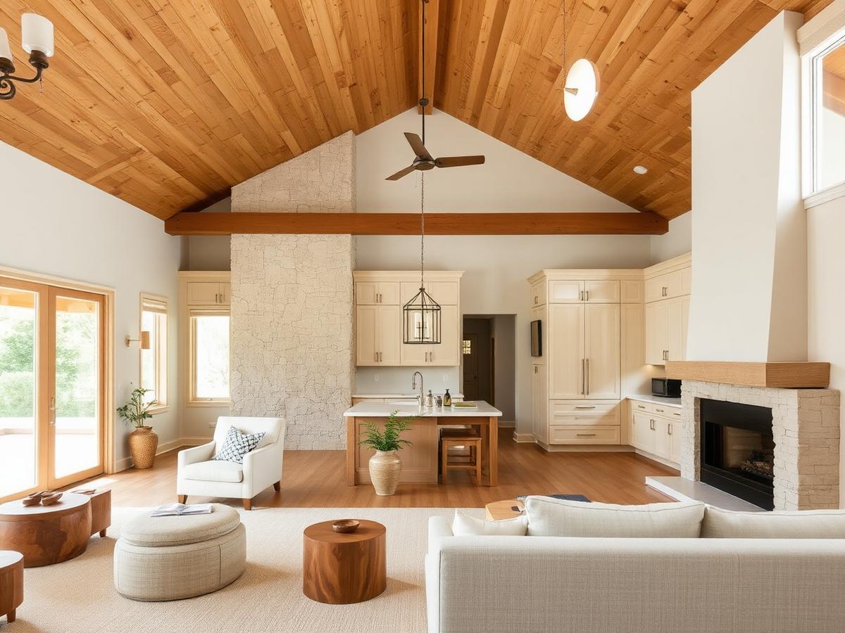 Vaulted great room with a limestone hearth, white oak millwork and a kitchen that opens to a covered porch.