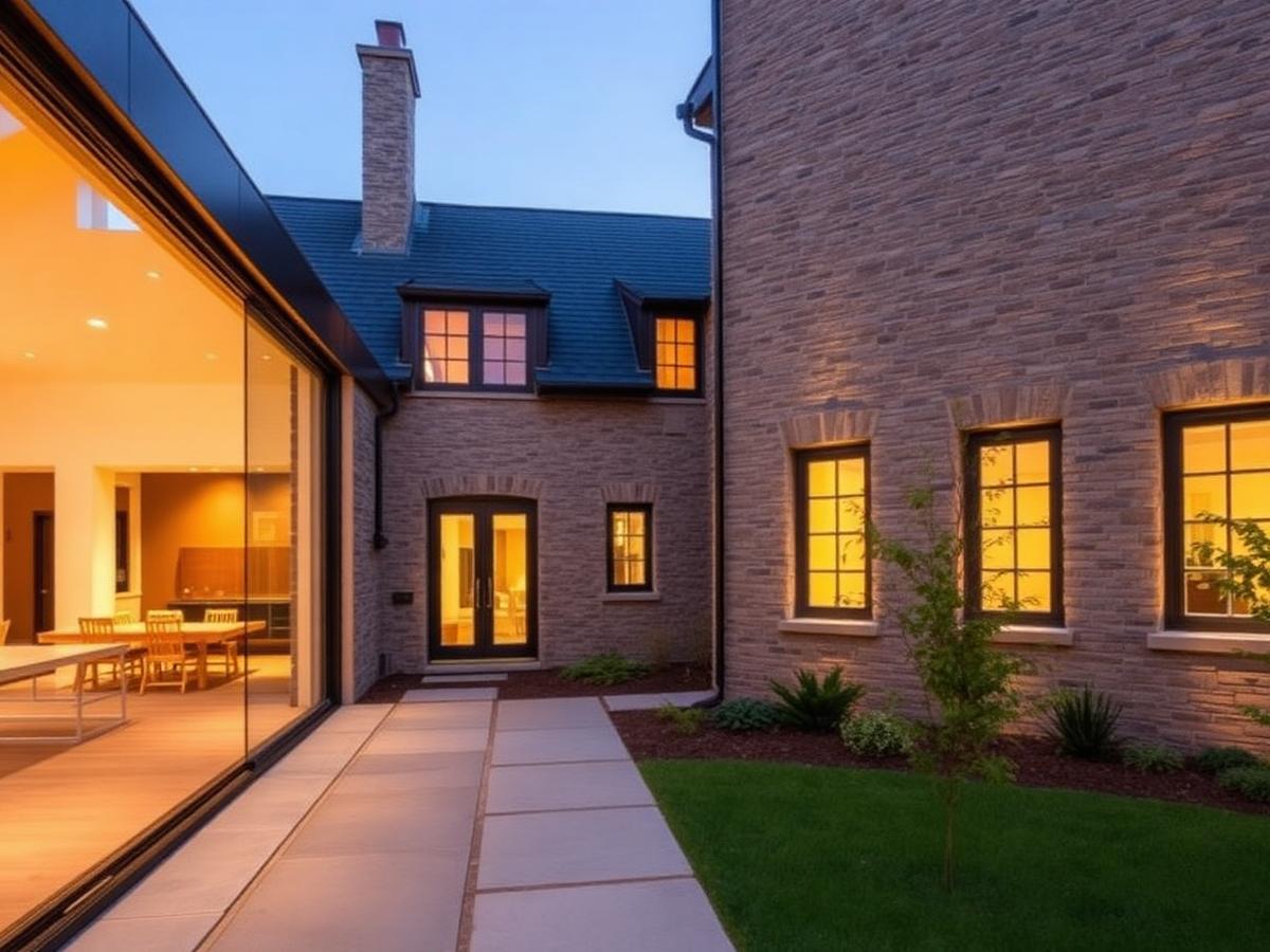 A glazed connector links a new living wing to the original stone house without competing with it.